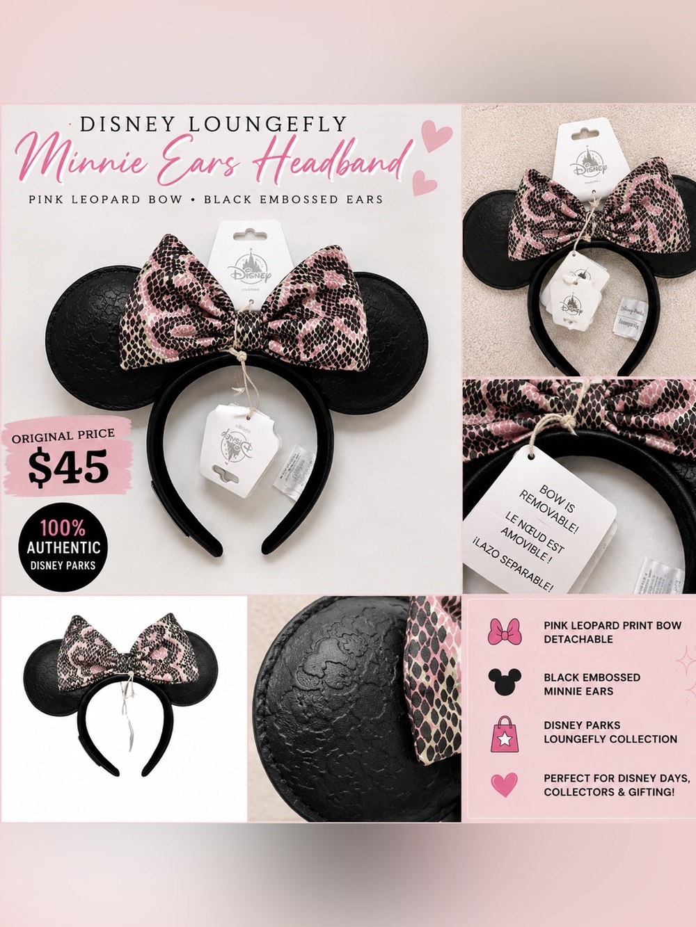 Loungefly Black Minnie Ears Headband with Pink Leopard Bow